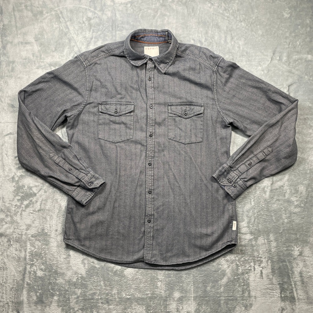 Esprit Men's Gray Herringbone Button Down Shirt Long Sleeve Regular Fit Size Lg
